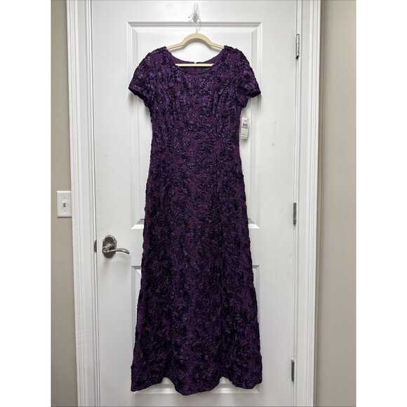 New Alex Evenings Size 12 Purple Embellished Lace Maxi Formal Gown Dress Rosette - Picture 4 of 11